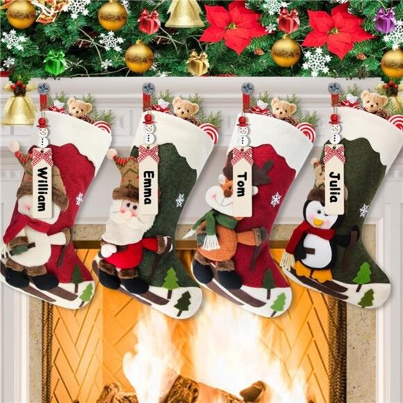 Christmas Stockings 4 Pack 18" Big Xmas Stockings Decoration - Santa Snowman